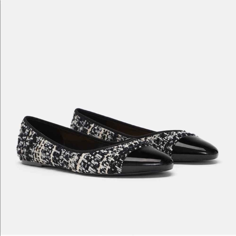 Zara patent cap toe tweed flats